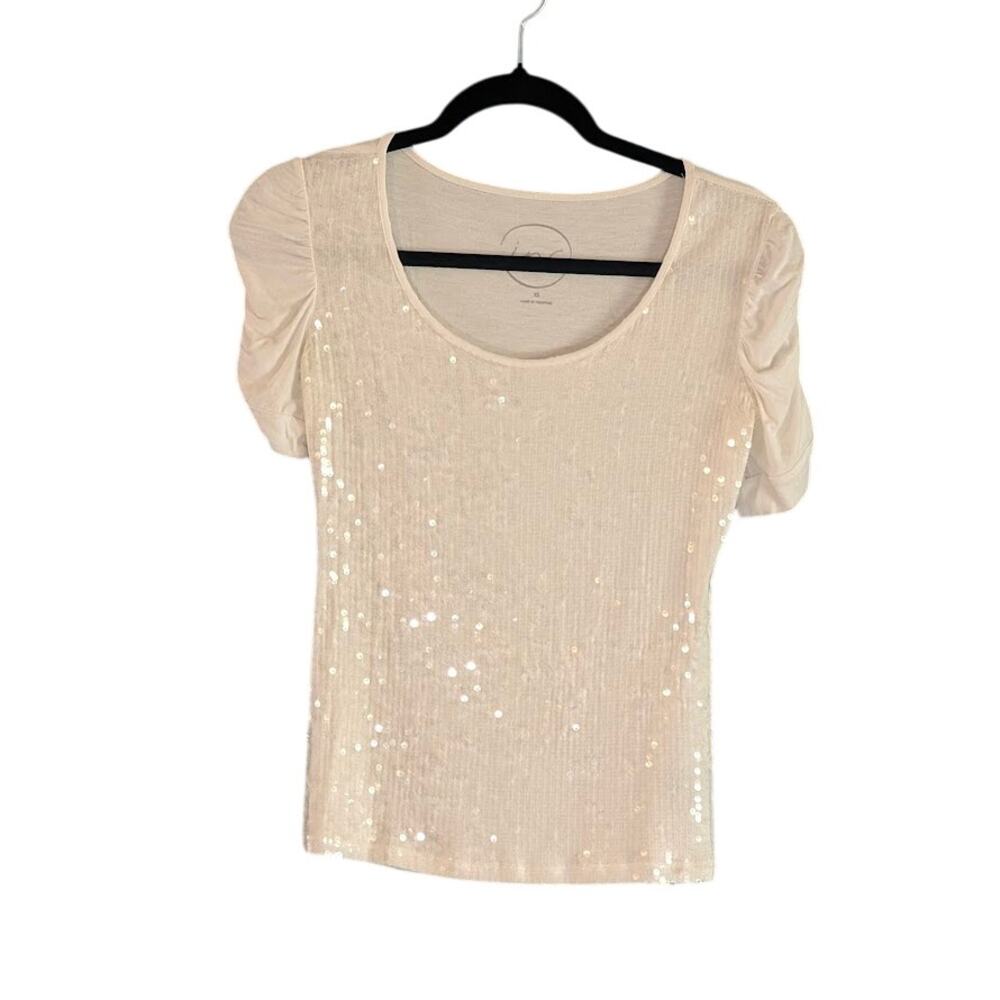 INC Top Womens S White Sequins Scoop Neck Ruched Glam Preppy Eurosummer